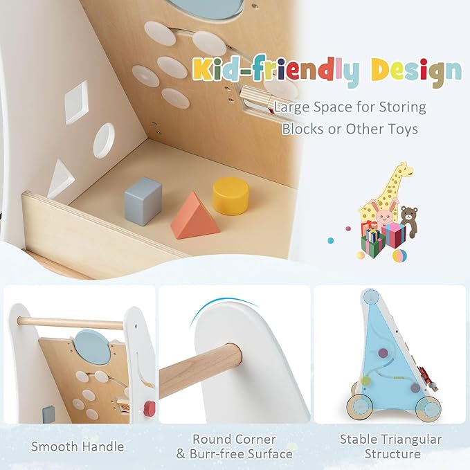 HONEY JOY Baby Push Walker, Wooden Infant Walker Activity Center with Shape Sorter, Develop Motor Skills & Creativity, Push Toys for Babies Learning to Walk, Gift for Boys and Girls (Natural)