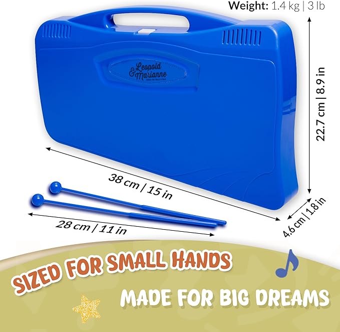 Leopold & Marianne | Xylophone for Kids Ages 5-9 | Kids Musical Instrument | Glockenspiel 25 Notes Chromatic | Color Metal Keys | Music Book Included, Play-Along Videos, Blue Carry Plastic Case