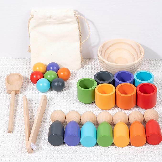Montessori Wooden Balls in Cups, Toddler Color Sorting Toys and Matching Game, Preschool Learning Activities Educational Fine Motor Skill Toy for Kids