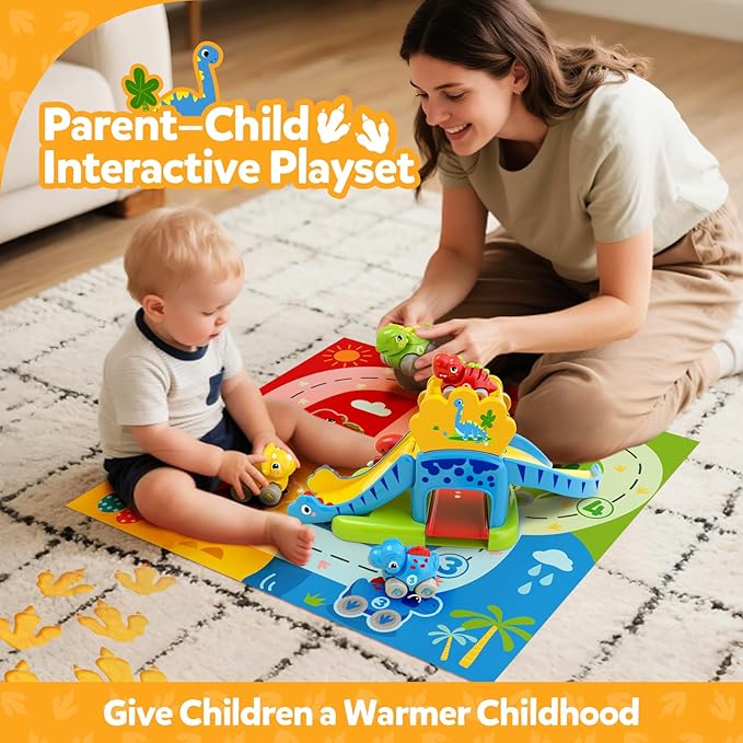 Toddler Toys for 1 Year Old Boy Gifts - Educational Dinosaur Slide Set with 4 Color/Number Push Cars and Playmat, Montessori Learning Toy for Baby 12-18 Months, 1st Birthday Present Ages 1-1.5, Yellow