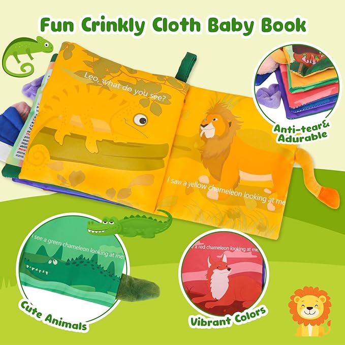 Soft Baby Books Animal Tails Baby Toy Touch and Feel Crinkle Cloth Book Infant Toy with Non-Toxic Fabrics, for Newborn Boys and Girls 0-6-12 Months
