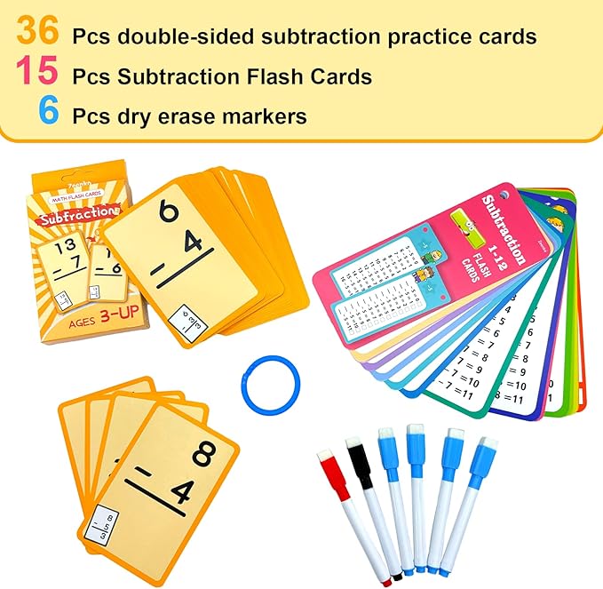 1-12 Math Flash Cards with 6 Dry Erase Pens, 15Pcs Big Subtraction Flash Cards + 36 Pcs Random Double-Sided Subtraction Practice Cards, Educational Math Flashcards for Kids Ages 3+