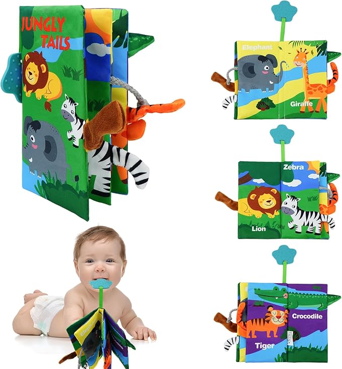Baby Books Toys 0-12 Months with Teether,Tummy Time Crinkle Sensory Toys,High Contrast Touch & Feel Soft Book, Early Learning Infant Toys,Shower Gift for Boys Girls (Jungle Animal)