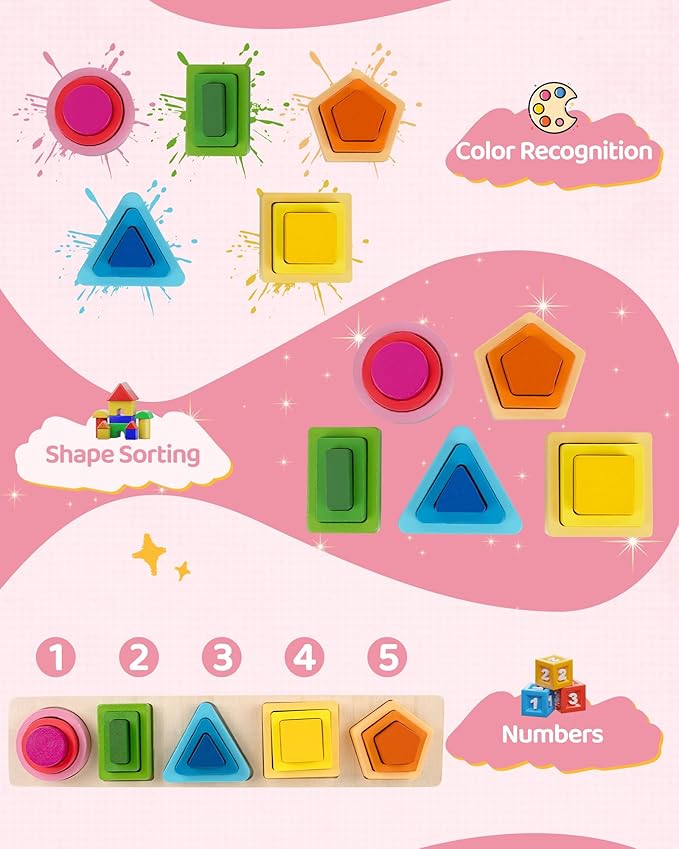 Montessori Toys for 1 2 3 Year Old, Wooden Stacking & Sorting Toy with Geometric Shapes, Educational Learning Toys and Birthday Gifts for Toddlers Boys Girls 1-3