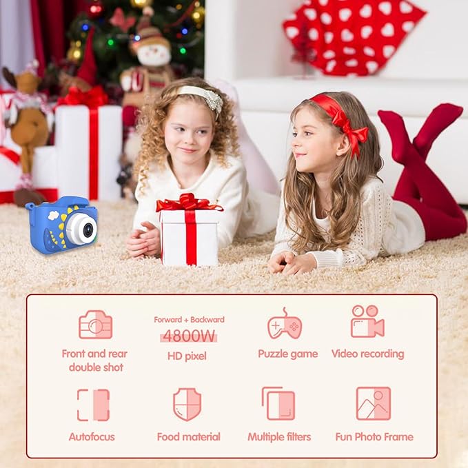Kids Camera for 3-9 Year Old Boys Girls, Children Digital Camera with Cute Cartoon Soft Cover & 32GB SD Card, Best Christmas Birthday Gifts for Grandkids, Halloween Party Favors for Kids - Blue