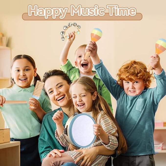 Baby Musical Instruments-Wooden Montessori Musical Toys for Toddlers 1-3, INLAIER Neutral Colors Xylophone Tambourine Musical Instruments for Toddlers 1-3 4 5 Kids Preschool Educational Gifts