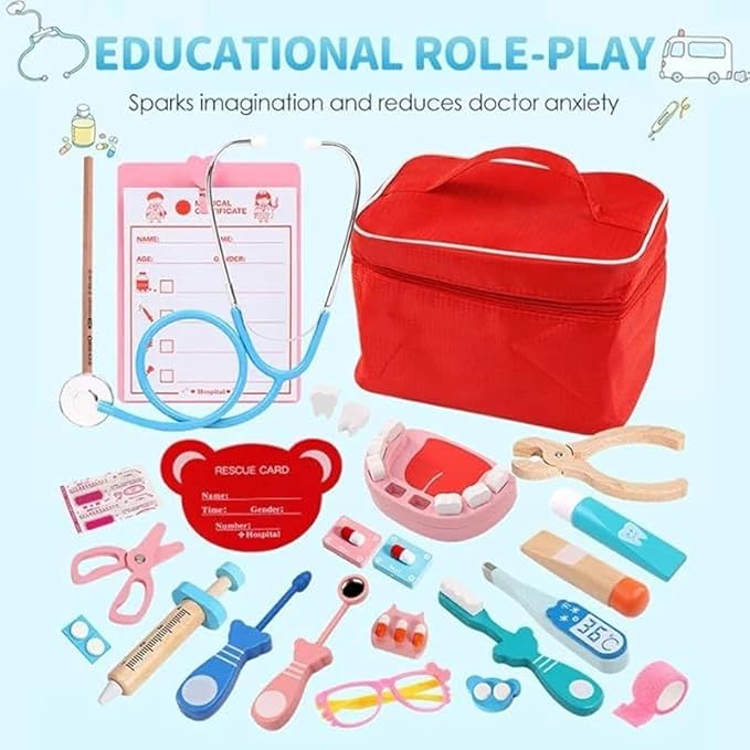 Wooden Doctor & Dentist Kit, Pretend Play Doctor Set, Wooden Doctors Playset with Medical Bag, Stethoscope, Syringe & Magnetic Thermometer, Educational Doctors Role-play Sets for Girls & Boys (styleA)