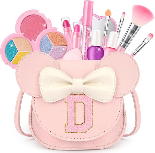Kids Makeup Kit for Girls - 15 Pcs Real Washable Make Up Set - Non Toxic Toddlers Cosmetic with Letter Mouse Ear Purse - Dress up Birthday Gifts for 3 4 5 6 7 8 Years Old Girls - D