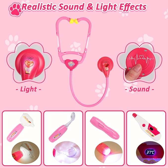 Liberry Doctor Kit for Toddlers Age 3 4 5 6, 26 Pcs Kids Doctor Playset with Dog Toy, Stethoscope and Dress Up Costume, Pretend Play Medical Christmas Gift for Girls, Pink