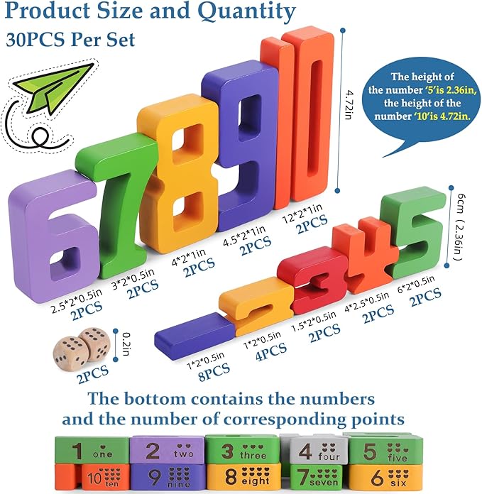 Wooden Number Building Blocks, Large Digit Blocks 1-10, 30 Pcs Math Blocks Number Toys for Kids, Educational Blocks for Toddlers, Toys to Learn Numbers for 3 Year Olds +