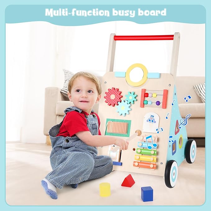 Asweets Wooden Baby Walker Push and Pull Learning Activity Walker Kids’ Activity Toy Multiple Activities Center Develops Motor Skills & Stimulates Creativity(Color)