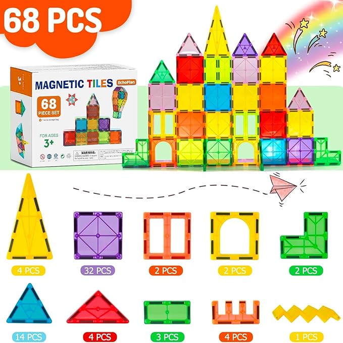 EchoPlan Magnetic Tiles,68PCS Magnetic Building Blocks,Magnet Tiles 3D Clear Building Blocks Set,STEM Sensory Educational Toys Gift for Toddlers Kids Boys 3 4 5 6 7 8 9+ Year Old