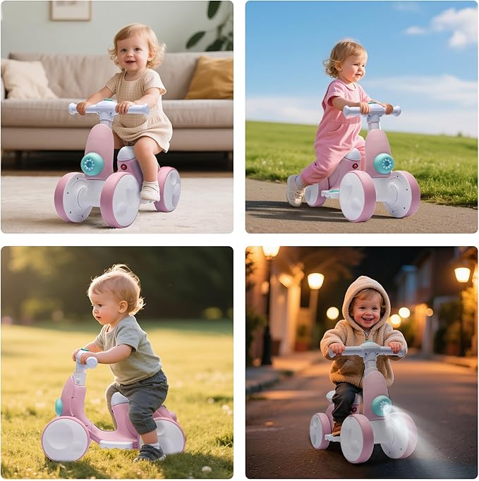 Electric Baby Balance Bike with Bubble Machine for 1 Year Old Boys Girls 4 in 1 Toddler Balance Bike 12-48 Month Kids Bubble Bike Ride Toys First Birthday Gift with Powered Motor,Music,LED Lights