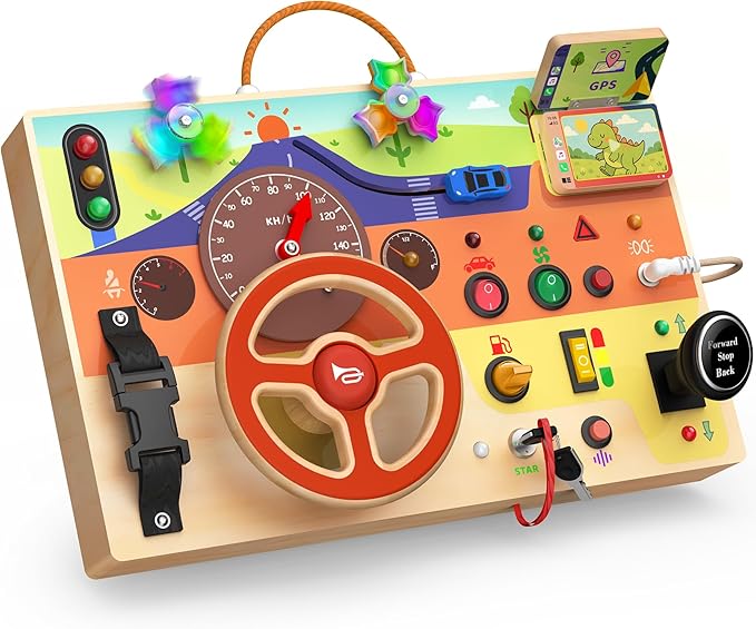 Montessori Wooden Busy Board with Steering Wheel & Driving Toys - Sensory Activity Boards for Toddlers 1-3, Car Themed Fidget Toy with Lights, Switches & Windmill Spinner, Travel Gift for Boys Girls