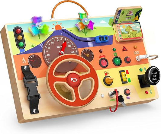 Montessori Wooden Busy Board with Steering Wheel & Driving Toys - Sensory Activity Boards for Toddlers 1-3, Car Themed Fidget Toy with Lights, Switches & Windmill Spinner, Travel Gift for Boys Girls