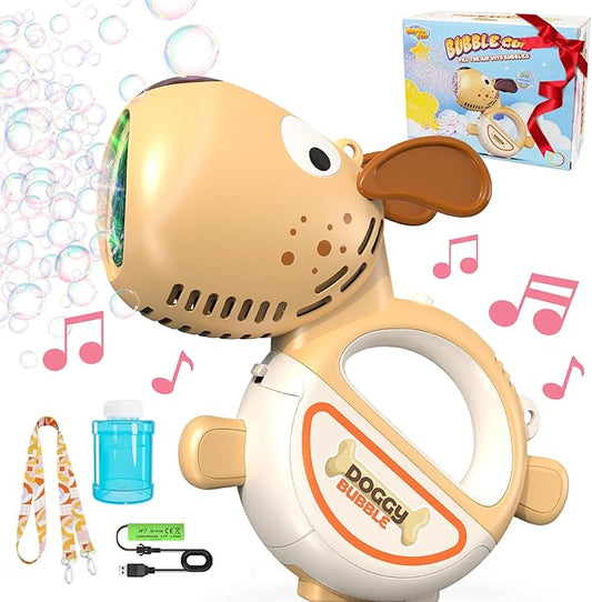 Rechargeable Bubble Gun for Kids, Portable 360°Leak Proof Puppy Bubble Machine Gun for Kids Toddles 1-3 4-8 Parties with Lights Music Auto Bubble Blower Gift for Boys Girls and Pet Brithday