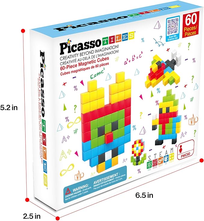 PicassoTiles 60pc Magnetic Puzzle Cube Building Set 1 Inch 3D Blocks STEM Construction Toy for Toddlers Kids Boys Girls Age 3+ Montessori Learning Travel Sensory Gift with Educational Idea Book PMC60