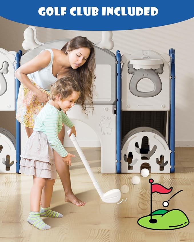 YUFU 13 in 1 Kids Slide for Toddlers, Toddler Slide Playset with Golf, Drawing Board, Climber, Basketball Hoop and Storage Space, Indoor Outdoor Toddler Playground for Kids Age 1-3 (Blue)