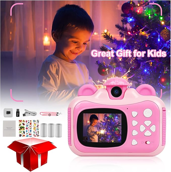 Instant Print Digital Camera for Kids, Toddler Camera, 20MP Selfie Video, Children's Toy, Christmas & Birthday Gift for 6-12 Year Old Girls & Boys, Pink