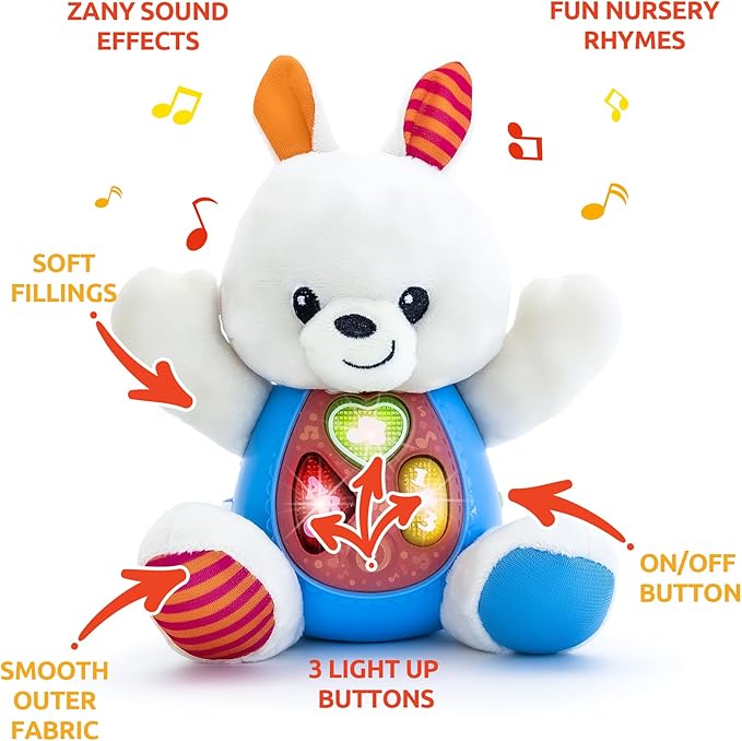 KiddoLab Bunny Plush Toy - Musical Stuffed Animal with 3 Light-Up Buttons, 8 Fun Nursery Rhymes & Sound Effects - Soft Basket Stuffer for Infants, Babies, and Toddlers Aged 3 Months +