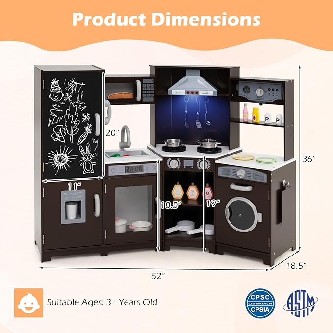 GLACER Corner Wooden Play Kitchen for Kids, Large Pretend Play Kitchen Playset with Sound, Light, Chalkboard, Microwave, Ice Maker, Washing Machine, Accessories, Toy Kitchen Set for Ages 3+ (Espresso)