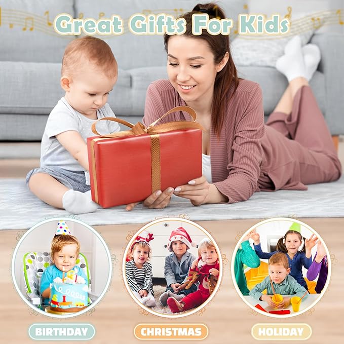 Musical Instruments - 6 in 1 Wooden Musical Toys for 2 3 Year Old Boy & Girls Birthday Gifts, Neutral Colors with Modern Boho Xylophone for Toddler Preschool Educational Toy for Baby 18+ Months