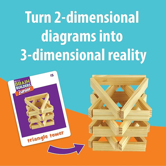 MindWare KEVA Junior Brain Builders Playset, 3D Puzzle Travel Game, 40 Wooden Building Block Challenges