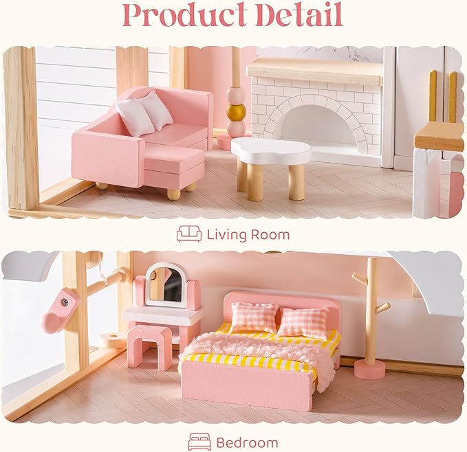 ROBOTIME Wooden Dollhouse Furniture Set, 28 PCS Miniature Dollhouse Furniture with 6 Room Kits, Dollhouse Accessories and Pretend Play Furniture, Gift for Boys and Girls Ages 3+