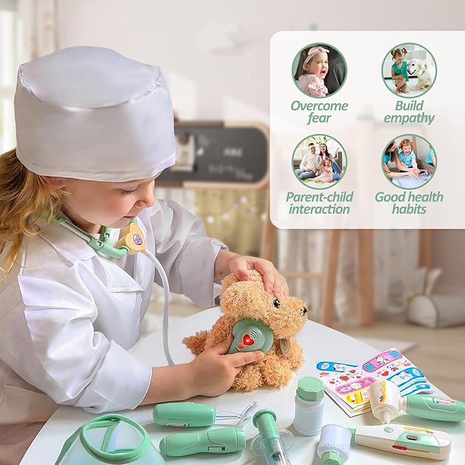 Liberry Doctor Kit for Toddlers 3 4 5 6 Years Old, 26 Pcs Kids Doctor Playset with Dog Toy, Stethoscope and Dress Up Costume, Pretend Play Medical Christmas Gift for Boys Girls (Green)