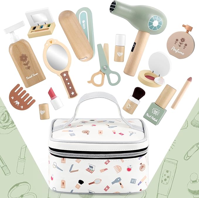 GAGAKU Wooden Makeup Toy Set for Toddlers 3-8, Pretend Play Makeup Kit with 16 Realistic Accessories Including Lipstick, Perfume & Mirror, Ideal Kids Dress-Up Gift for Girls Ages 3-5