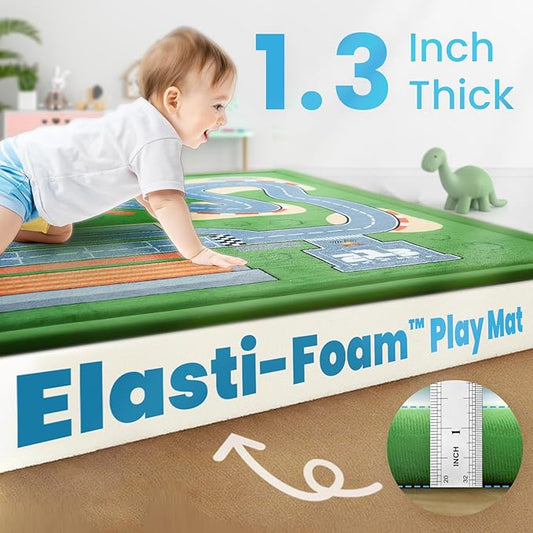 1.3" Thick Educational Baby Floor Play Mat 79x158, Basic Padded Memory Foam Kids Mat, Extra Large Non-Slip Plush Playmat for Nursery Playroom Classroom (Race Track)