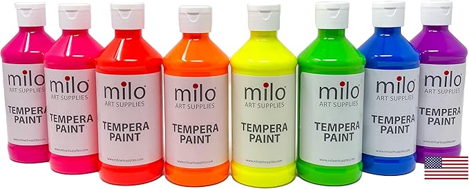 milo Fluorescent Neon Washable Paint for Kids | 8 oz Bottles 8 Colors | Made in the USA | Glows UV in Black Light | Safe & Non-Toxic Tempera Paint for Art & Craft, Poster, Window, for Children, Toddler, Classroom, School