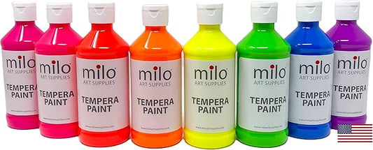 milo Fluorescent Neon Washable Paint for Kids | 8 oz Bottles 8 Colors | Made in the USA | Glows UV in Black Light | Safe & Non-Toxic Tempera Paint for Art & Craft, Poster, Window, for Children, Toddler, Classroom, School