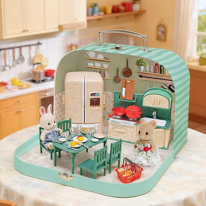 Dollhouse Kitchen Furniture Suitcase Set for Kids, 2 Flexible Dolls/Dining Tble/Kitchenware/Tableware/Refrigerator/Bread, Pretend Play Dollhouse Accessories Christmas Birthday Gift for Girls Ages 3+