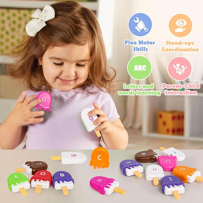 Alphabet Learning Toys Matching Letter ABC Fine Motor Toy Double-Side Ice Cream Toys Preschool Learning Activities Montessori for Toddler Kids Ages 2 3 4 5