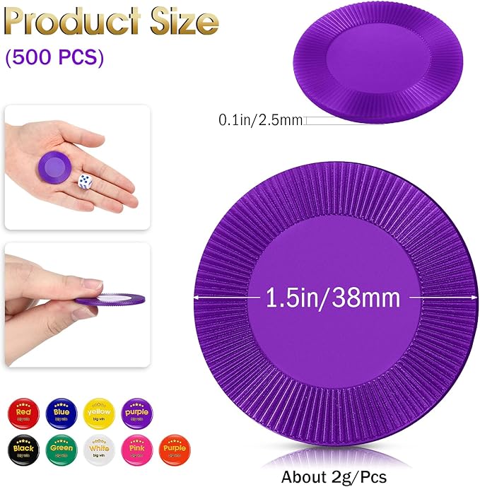 Leitee 500 Pcs Purple Plastic Poker Chips Bulk 1.5 Inch Mini Bingo Chips Tokens Markers Blank Casino Counting Discs Learning Math Counters for Adults Interlocking Game Counting Reward Card
