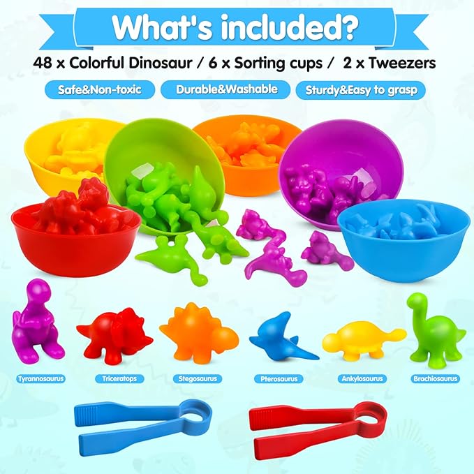 USATDD Counting Dinosaur Toys Matching Color Sorting Stacking Games with Bowls Preschool Learning Activities for Educational Sensory Montessori STEM Toy Sets Gift for Toddlers Kids Boys Girls Aged 3+