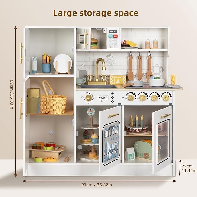 OOOK Wooden Kids Kitchen Playset, Simulated Kids Play Kitchen with Lights and Sounds, Nice Role Play Toy Kitchen with Plenty of Play Features for Kids Gift