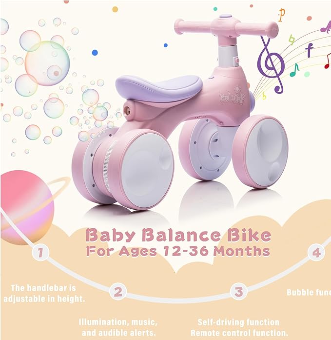 Baby Balance Bike 1 Year Old with Music, Lights, Bubble Machine, 4 Wheels Pedal-Less Toddler Ride on Toys for 12-36 Months Birthday Gift, Toddler boy Toys Ride on car (Pink)