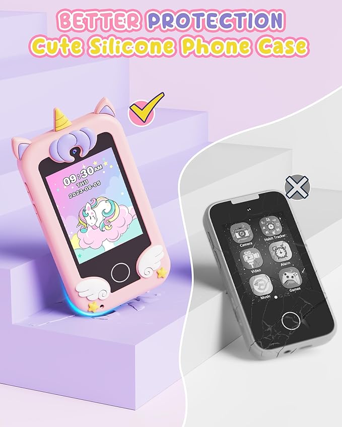 UCIDCI Unicorn Kids Smart Phone Toys for Girls Ages 3-7 with Dual Camera - Toddler Phone with Learning Games, Travel Toys with MP3 Music Player for Christmas, Birthday Gifts for 3 4 5 6 7 Year Old