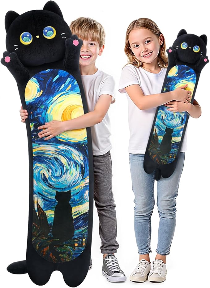 Mewaii Long Cat Plush 5 Sizes, 120% Extra Filling Giant Plushness Kids Body Pillow, Kawaii Cute Black Starry Cat Stuffed Animals Plushies, Big Long Body Pillow Cat Plush Gift for Girls 44”