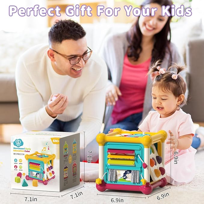 Baby Activity Cube, Cube Toys for Babies 6-12 Months, Toddler Music Busy Board with 4 Sensory Shape Blocks, 6-in-1 Educational Early Development Toy, Christmas, Birthday Gift for 1 Year Old