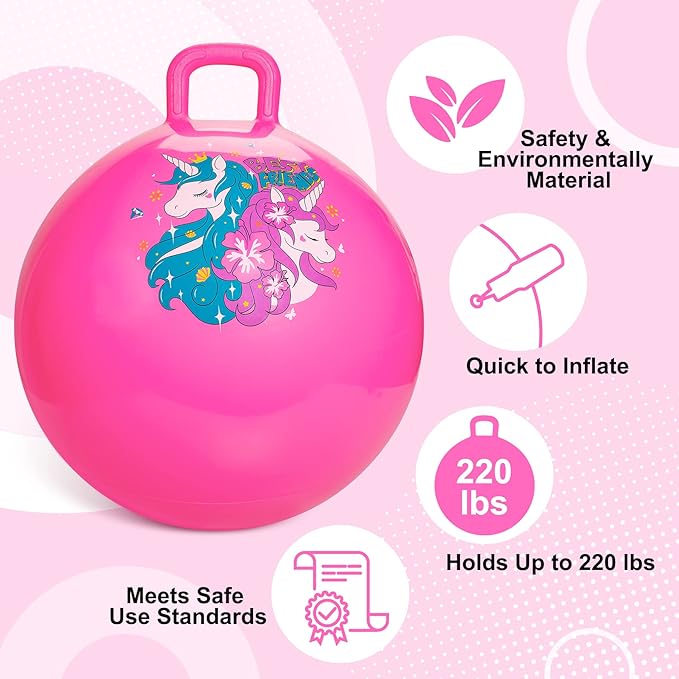 ZOOJOY Hopper Ball, Pink Bouncy Balls for Kids, 18 Inch Sit on Jumping Toys with Handle for Girls Gift Aged 3-8, Inflatable Unicorn Bounce Hopper Balls Toy with Pump
