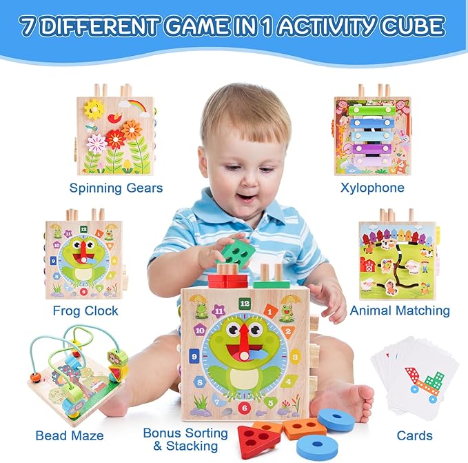 Wooden Activity Cube | Montessori Toys for 1 2 3 Year Old Toddlers | One Year Old 1st 2st First Birthday Gift | Educational Toys for 12+ Months Baby Boys Girls | Bonus Sorting & Stacking Game (Blue)