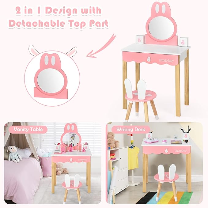 HONEY JOY Kids Vanity, Rabbit Themed Wooden Pretend Play Vanity Set, Toddler Makeup Vanity Table & Chair Set, Removable Holders & Drawer, Princess Little Girls Vanity Set with Mirror and Stool(White)