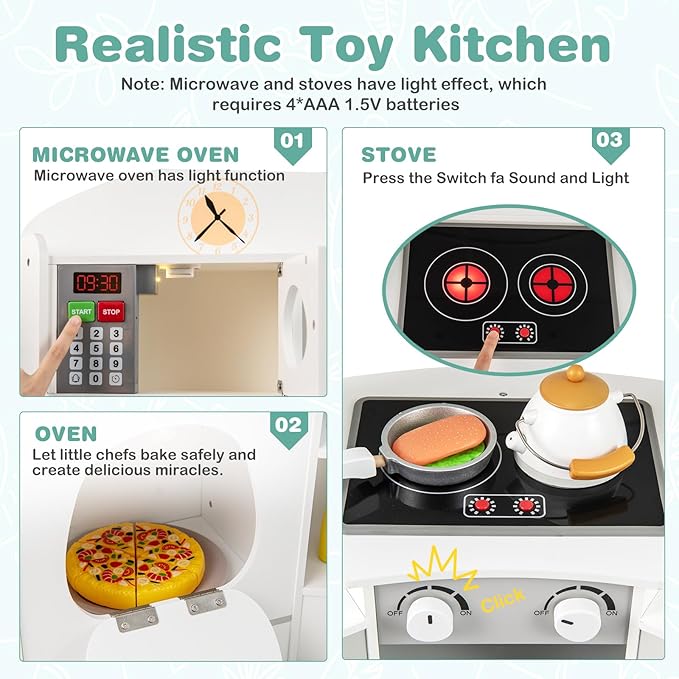 INFANS Corner Kids Kitchen Playset, Toddler Wooden Pretend Cooking Set with Lights Sounds Coffee Machine Washing Machine, Stove Removable Sink Storage Cabinet, Simulation Play Kitchen Toy (White)