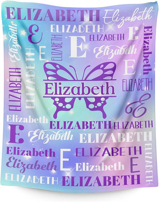 Butterfly Gifts, Personalized Girls Throw Blanket with Name for Kids 4-6, Custom Monogram Blankets for Daughter Niece Toddler, Butterfly Stuff Themed Throws for Cars Travel Camping Party Decor