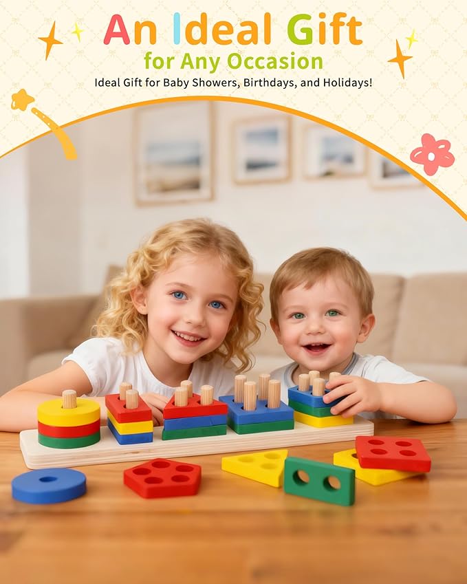 Montessori Toys for 1 2 3 Year Old, Wooden Stacking & Sorting Toy with Geometric Shapes, Educational Learning Toys and Birthday Gifts for Toddlers Boys Girls 1-3