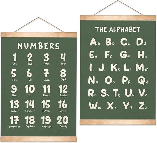 Educational Wall Art Set of 2, Numbers 1-20 and Alphabet Chart, Learning Posters for Kids,ABC Banner Poster, Banner Wall Hanging Decor for Toddler Room Playroom Nursery Wall Classroom Decor (Green)