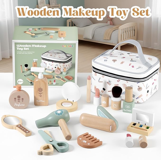 GAGAKU Wooden Makeup Toy Set for Toddlers 3-8, Pretend Play Makeup Kit with 16 Realistic Accessories Including Lipstick, Perfume & Mirror, Ideal Kids Dress-Up Gift for Girls Ages 3-5